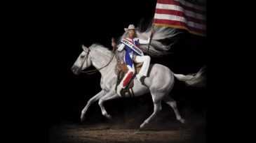 The coverart of Beyonce's cowboy carter album, featuring beyonce riding on a horse holding an american flag